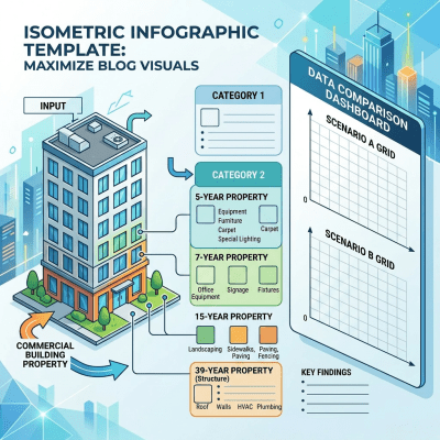 Infographic explaining cost segregation with property categories and depreciation comparison charts.